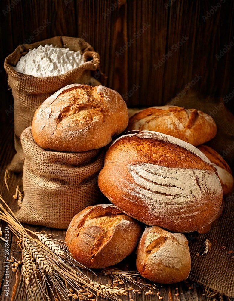 assortment of baked bread and sacks of flour