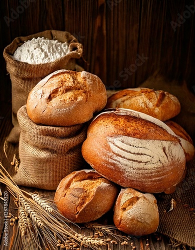 Obraz na płótnie assortment of baked bread and sacks of flour w salonie