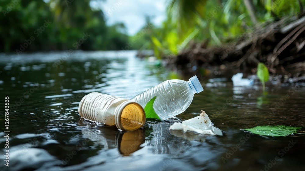 This image captures discarded plastic bottles and waste floating in a river, highlighting the urgent issue of pollution and its impact on aquatic ecosystems. This image captures discarded plastic bottles and waste floating in a river, highlighting the urgent issue of pollution and its impact on aquatic ecosystems.