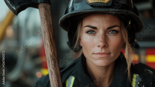 A dedicated female firefighter stands confidently with an axe, embodying strength and resilience, ready to face challenges head-on in high-pressure situations. photo