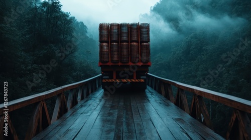 A solitary truck loaded with barrels crosses a rustic wooden bridge, shrouded in mist surrounded by lush greenery, creating a serene and moody atmosphere. photo