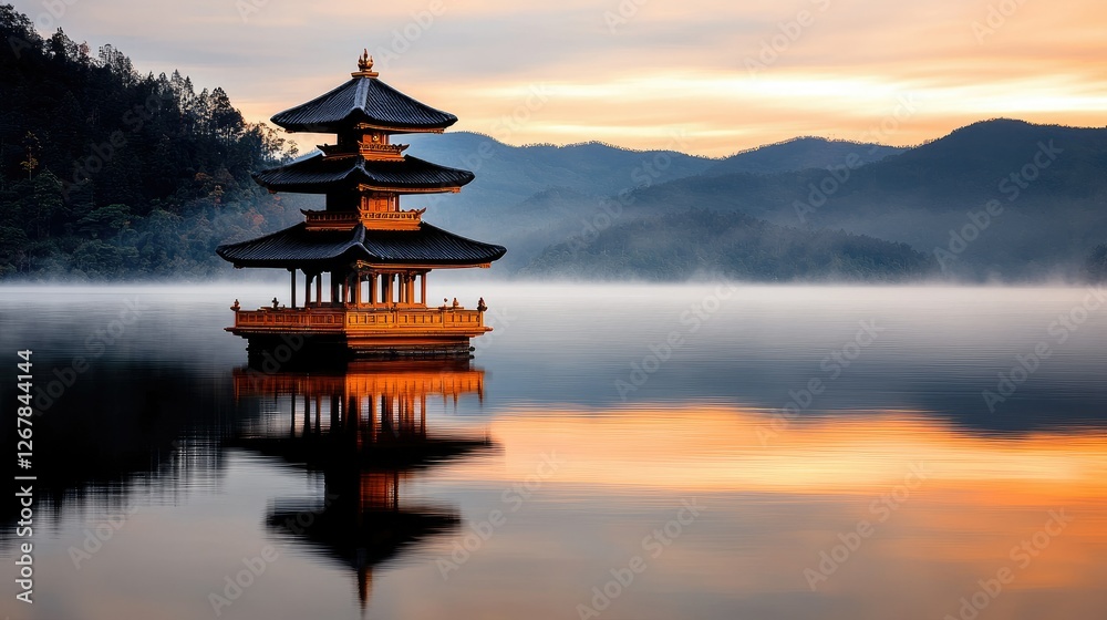 Obraz premium Serene Pagoda Lake Sunrise Mountain Landscape