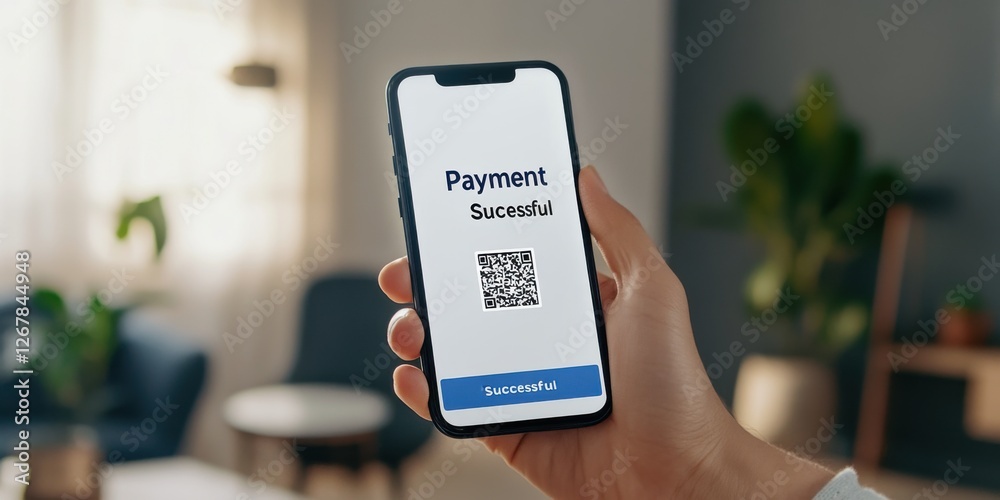 Fototapeta premium Successful Mobile Payment Confirmation on Smartphone Screen Displaying QR Code and Confirmation Message Indoors