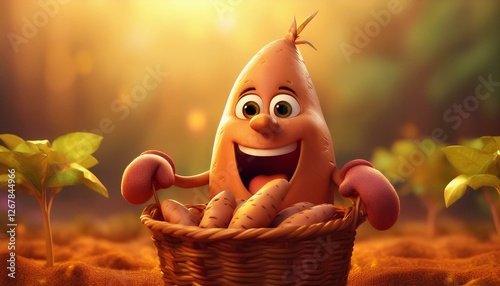 A joyful animated sweet potato character celebrates a bountiful harvest in a vibrant farm setting.