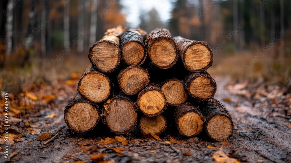 A robust pile of logs rests on a damp autumn trail, embodying a moment of stillness to explore nature's richness and the beauty of seasonal transitions in the woods. A robust pile of logs rests on a damp autumn trail, embodying a moment of stillness to explore nature's richness and the beauty of seasonal transitions in the woods.