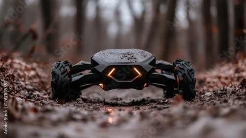 A sleek robotic car sits prominently in a muddy forest trail, showcasing an advanced design, perfect for off-road adventures and highlighting cutting-edge technology in robotics. photo