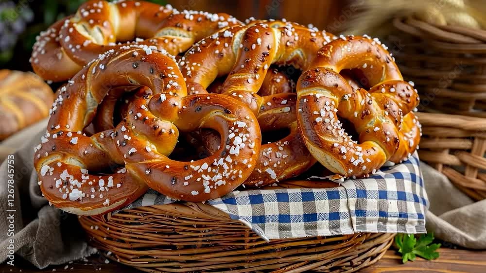 A heap of freshly baked pretzels on a rustic table, symbolizing Oktoberfest, German cuisine, and cultural traditions with a warm and festive atmosphere.
