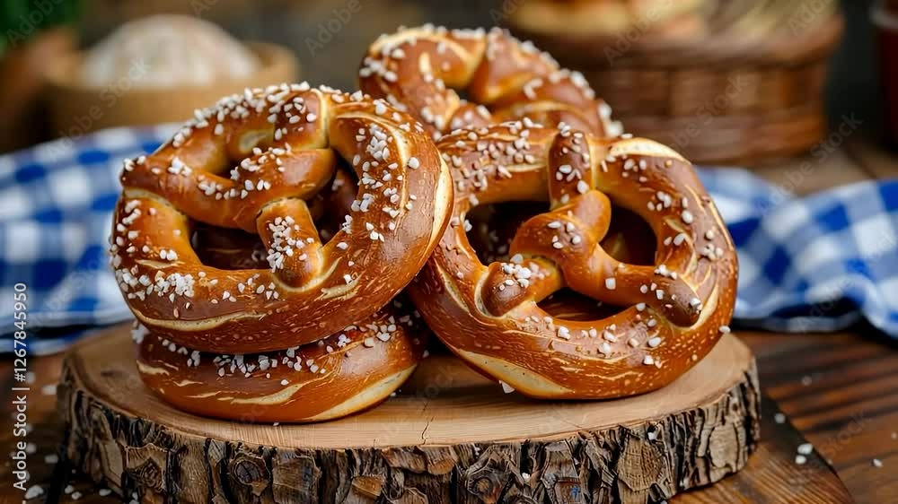 A heap of freshly baked pretzels on a rustic table, symbolizing Oktoberfest, German cuisine, and cultural traditions with a warm and festive atmosphere.