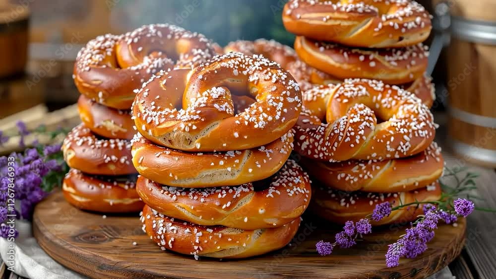 A heap of freshly baked pretzels on a rustic table, symbolizing Oktoberfest, German cuisine, and cultural traditions with a warm and festive atmosphere.