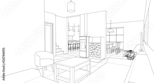 
house interior kitchen living room 3d illustration