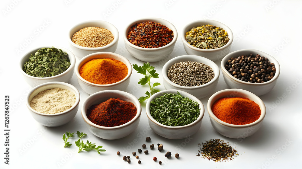 A variety of colorful spices and herbs in small bowls, highlighting natural flavor and health benefits A variety of colorful spices and herbs in small bowls, highlighting natural flavor and health benefits