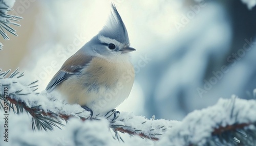 Elegant Crested Tit Perched On A Spruce Branch: A Beautiful Portrait Of A Songbird In Its Natural Forest Habitat. photo