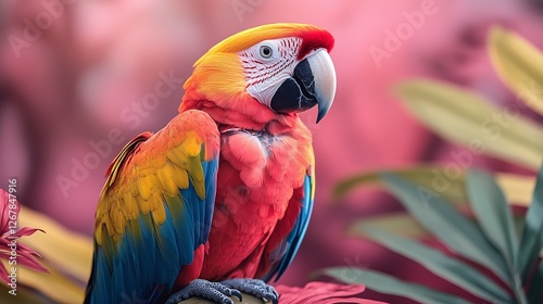 exotically colored parrot on a pink background