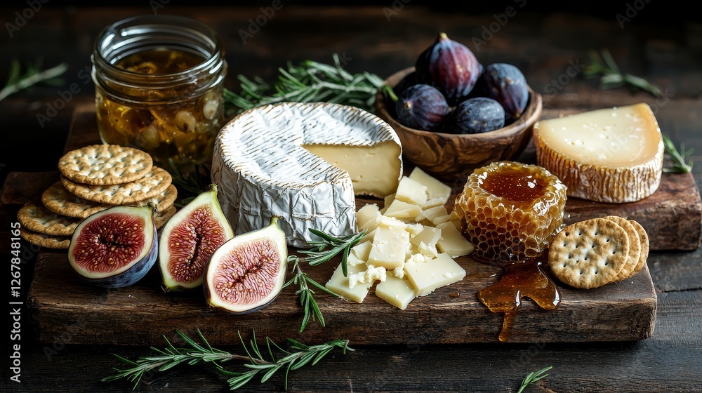 Charcuterie board with diverse cheeses, figs, honeycomb, crackers, marinated olives, and rosemary garnish, beautifully arranged. Charcuterie board with diverse cheeses, figs, honeycomb, crackers, marinated olives, and rosemary garnish, beautifully arranged.
