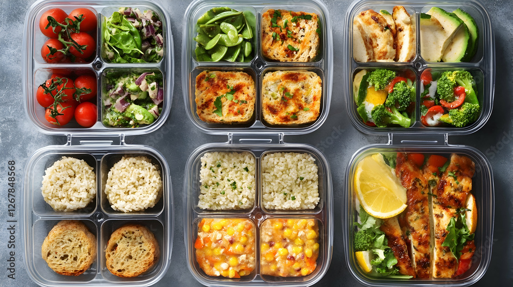 Beautifully arranged meal prep containers filled with nutritious meals, promoting healthy eating habits Beautifully arranged meal prep containers filled with nutritious meals, promoting healthy eating habits