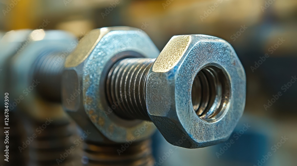 Close-up of a metallic bolt and nut, showcasing intricate textures and reflections, set against a blurred industrial background. Close-up of a metallic bolt and nut, showcasing intricate textures and reflections, set against a blurred industrial background.