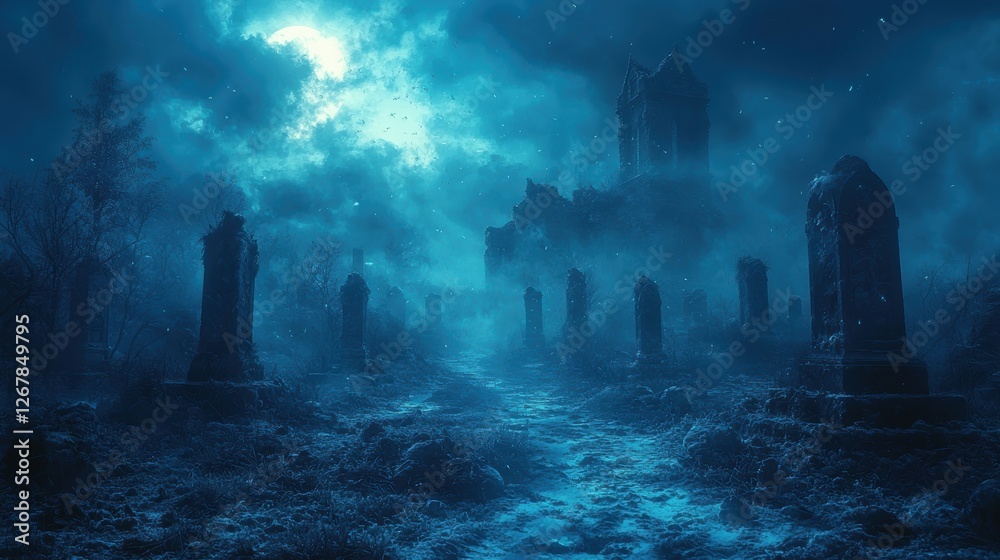 A haunting graveyard scene under a moonlit sky, evoking mystery and eeriness. A haunting graveyard scene under a moonlit sky, evoking mystery and eeriness.