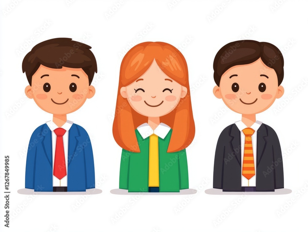 Happy cartoon business children standing in a row Happy cartoon business children standing in a row