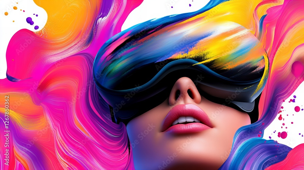 Fototapeta premium Woman in VR headset, vibrant colors, abstract background. Futuristic digital art.