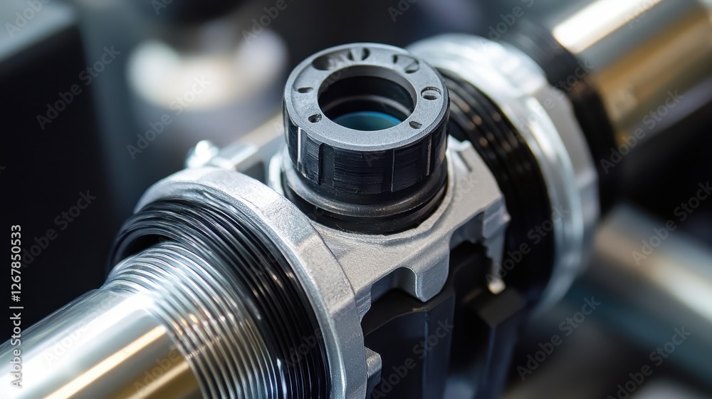 Close-up of a metallic mechanical component featuring precision-engineered joints, showcasing the intricacies of modern engineering in industrial design. Close-up of a metallic mechanical component featuring precision-engineered joints, showcasing the intricacies of modern engineering in industrial design.