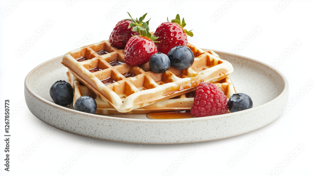 Fresh waffles with berries cream and assorted fruits for a delicious breakfast dessert Fresh waffles with berries cream and assorted fruits for a delicious breakfast dessert