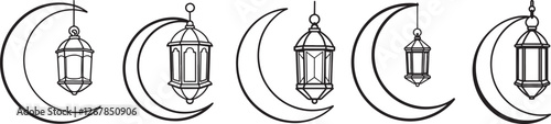 set of lantern hanging on crescent moon line art, black outline, vector and illustration, line art and outline