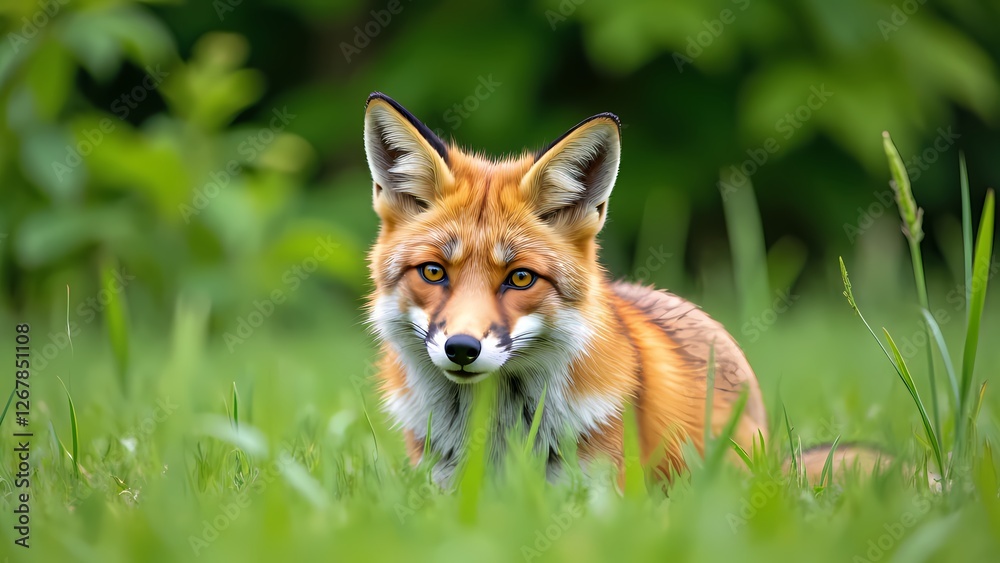 Fototapeta premium Red fox stares at the grass