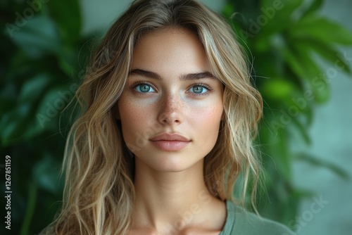 Natural beauty portrait highlighting vibrant eyes and soft features against lush greenery
