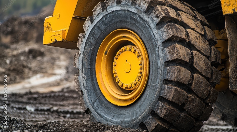 Close-up of a heavy-duty yellow truck tire on a construction site, showcasing its rugged tread and robust design against a backdrop of dirt and dust. Close-up of a heavy-duty yellow truck tire on a construction site, showcasing its rugged tread and robust design against a backdrop of dirt and dust.