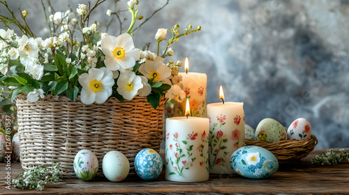 Elegant Easter display with decorated candles, fresh flowers and a woven basket on a rustic wooden table photo