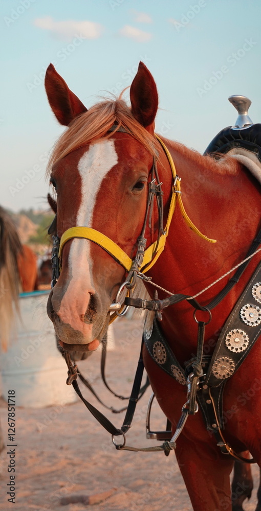 Obraz premium Horse With Harness Front View Brown Color