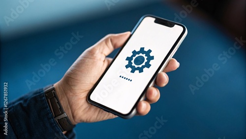 Wallpaper Mural A hand holding a mobile phone featuring a gearbox icon symbolizes the fusion of technology and entrepreneurship in driving future business innovation. Torontodigital.ca