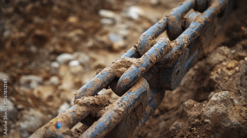 Close-up of a rusty blue excavator chain covered in dirt, highlighting the rugged texture and industrial feel of construction equipment. Close-up of a rusty blue excavator chain covered in dirt, highlighting the rugged texture and industrial feel of construction equipment.