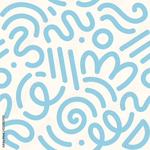 Wallpaper Mural Memphis geometric seamless pattern. Multicolor abstract background in retro 80s, 90s style with various shapes: circles, semicircles, dots, zigzags, spirals, wavy lines. Cute kid doodle design.	 Torontodigital.ca
