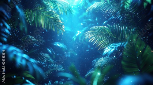 Lush, illuminated jungle scene with vibrant foliage and ethereal lighting.