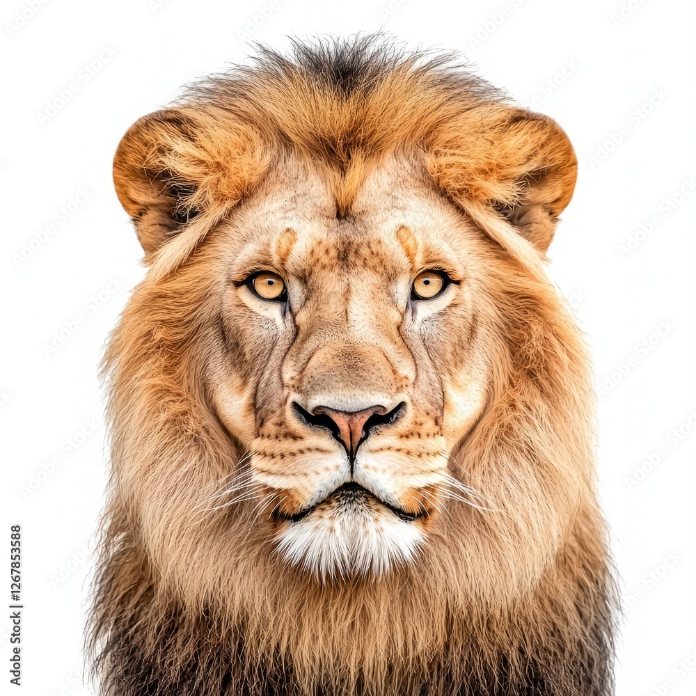 Obraz premium Majestic lion head portrait against white background