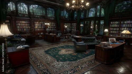 Luxurious antique library interior, spacious study with ornate details, lush forest view in background photo