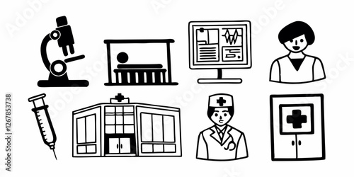 Hospital outline icon set. Collection of vaccination, doctor, x-ray and more. Vector illustration. Editable stroke.
