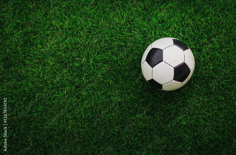 Classic black and white soccer ball resting on lush green grass, top-down perspective. Perfect shot for football themes, sports backgrounds, and athletic concepts.
Classic black and white soccer ball resting on lush green grass, top-down perspective. Perfect shot for football themes, sports backgrounds, and athletic concepts.