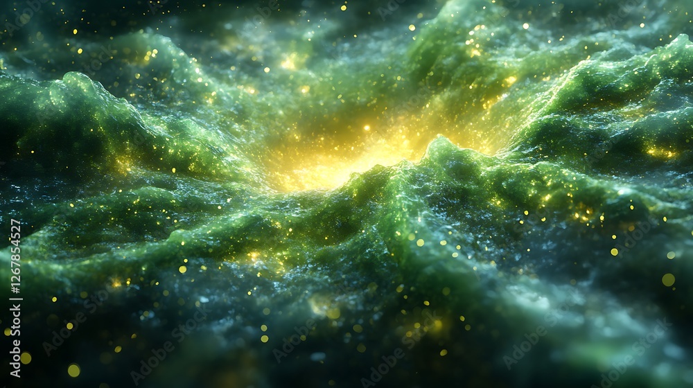 Vibrant neon green liquid explosion radiating from a dark central core Vibrant neon green liquid explosion radiating from a dark central core
