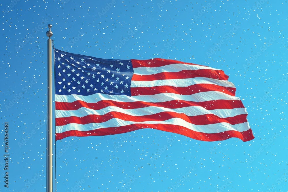 Obraz premium US flag waving proudly against a clear blue sky with a subtle snowfall