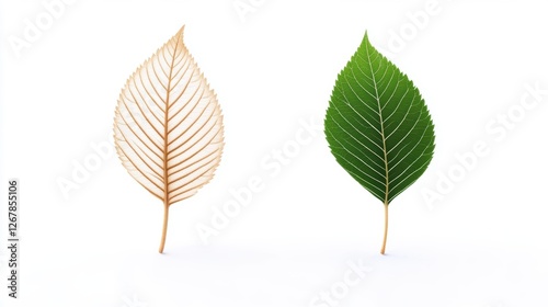 Two leaves, one golden and one green, displayed against a white background.