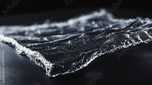 A close-up image of a transparent plastic wrap draped on a dark surface, highlighting its texture and sheen in dramatic lighting.