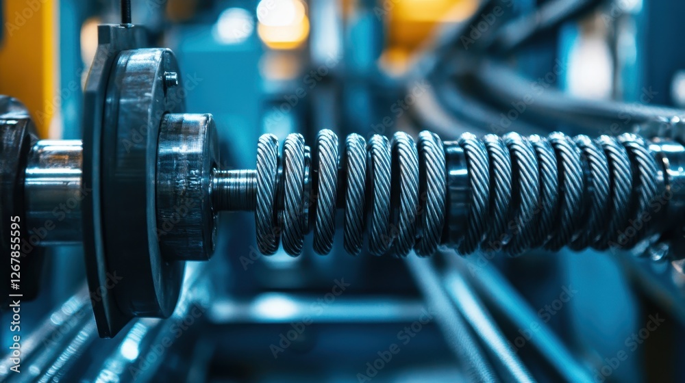 Close-up of a metallic coil in a modern industrial machine, showcasing intricate detailing and sharp metallic finish. Close-up of a metallic coil in a modern industrial machine, showcasing intricate detailing and sharp metallic finish.