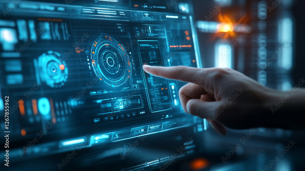 A futuristic smart home control system displayed on a virtual screen, with a hand interacting for remote automation A futuristic smart home control system displayed on a virtual screen, with a hand interacting for remote automation