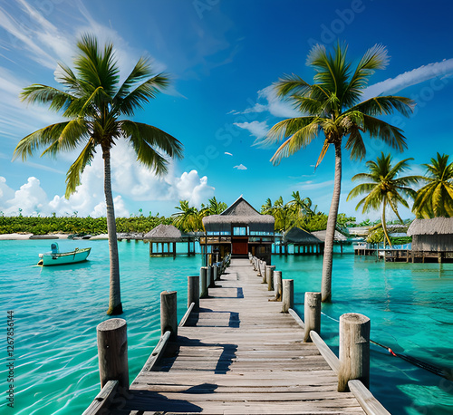 Сloseup calm sea water waves with palm trees.Beautiful sunrise sunset sunlight.Tropical island beach landscape exotic shore coast. Summer vacation,holiday amazing nature Relax paradise.generative ai