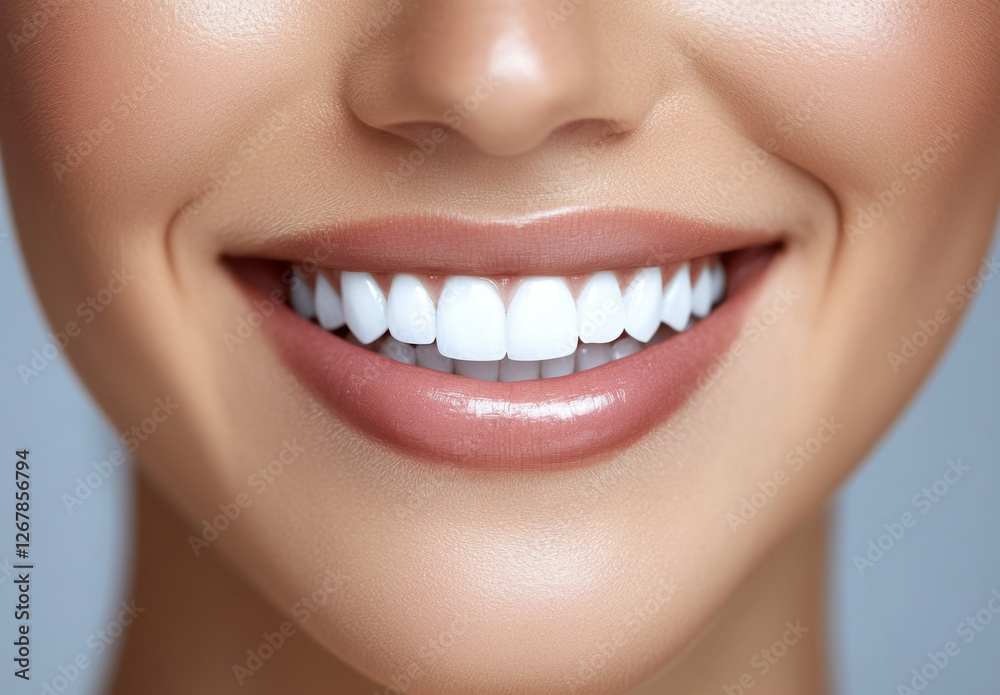 Obraz premium A woman beams with a bright smile, showcasing her healthy teeth and glowing skin, conveying happiness and confidence in a close view