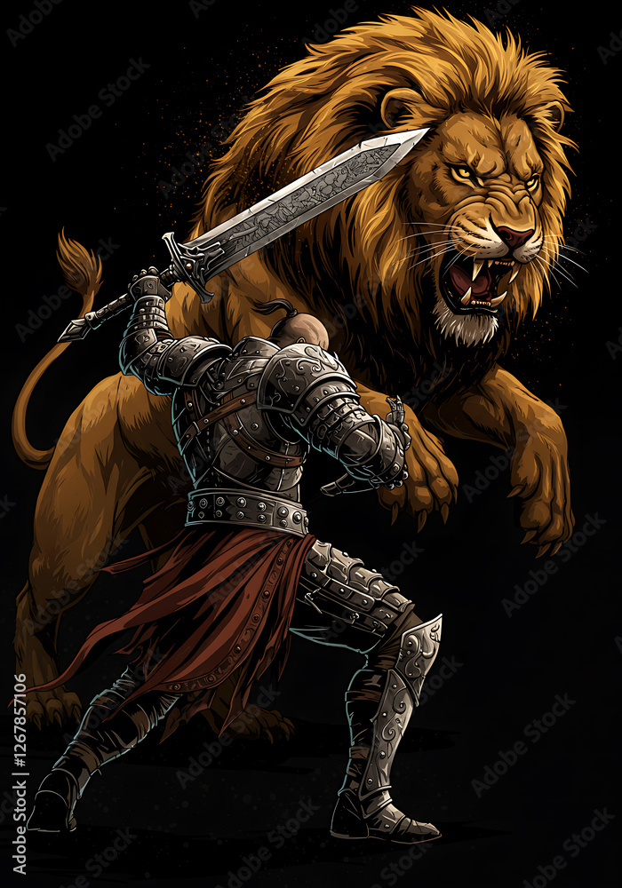 Brave Knight Facing Majestic Lion A Dark Fantasy Illustration Brave Knight Facing Majestic Lion A Dark Fantasy Illustration