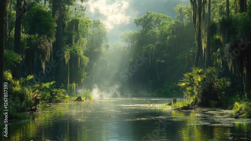 Lush swampy forest river mist sunlight