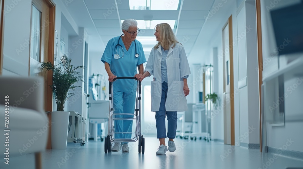 Fototapeta premium Doctor and elderly woman with a walking frame in a modern rehabilitation center, focusing on healthcare and support